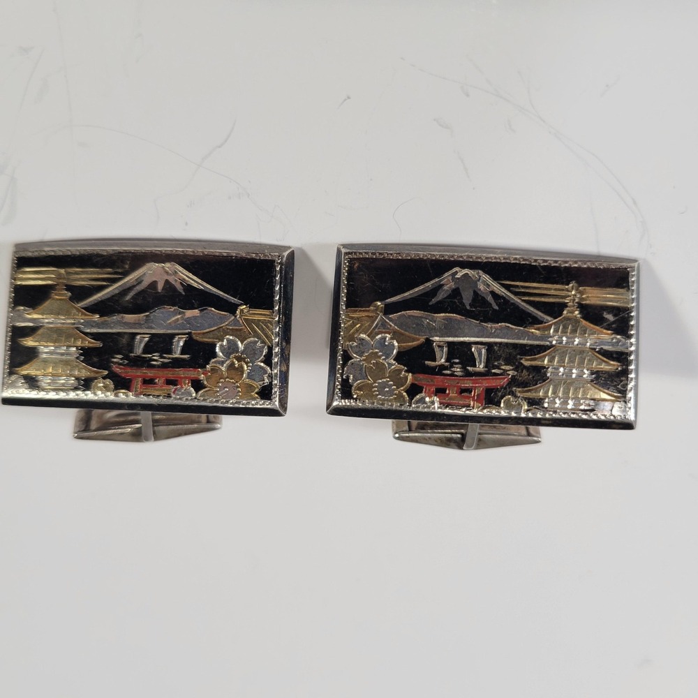 Vintageโ Sterling Silver Japanese Damascene Cufflinks Pagoda Landscape Offset